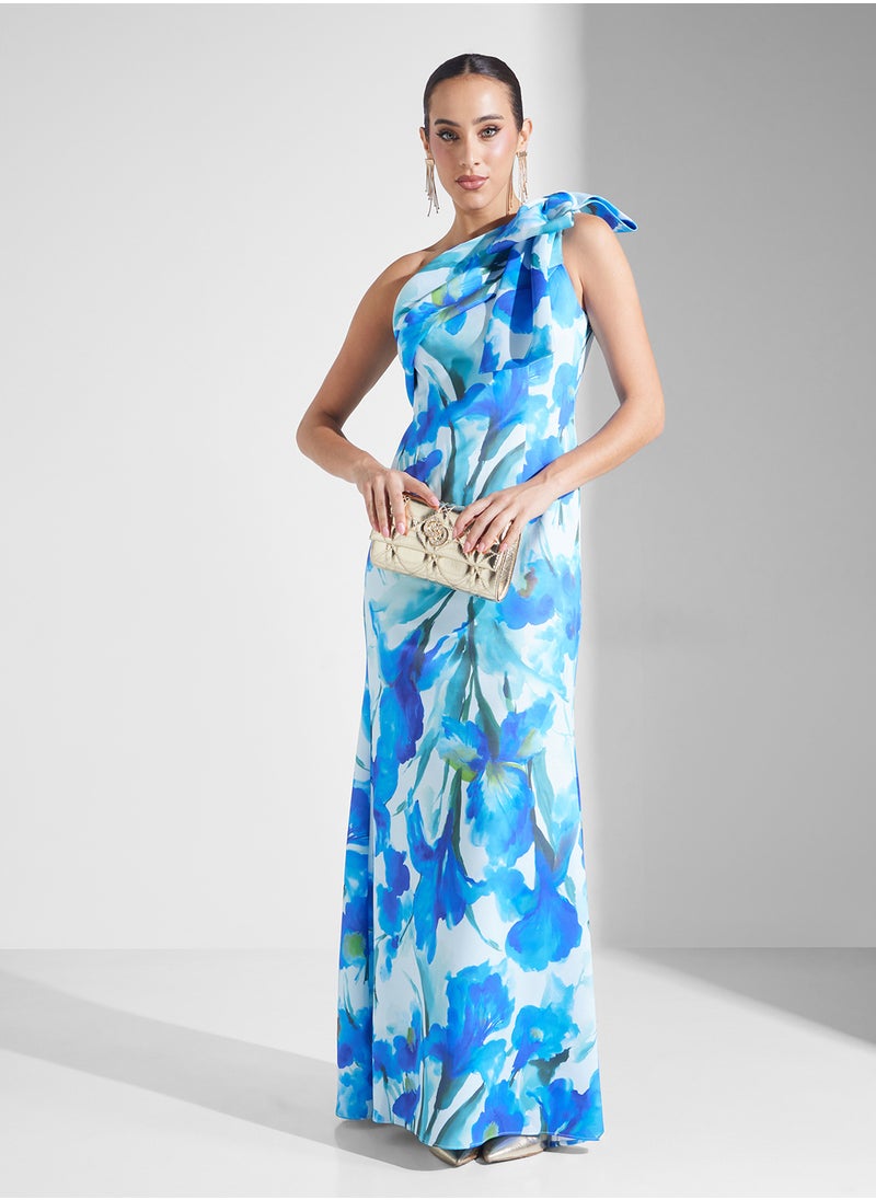 Adrianna Papell - Floral Print One Shoulder Maxi Dress - Image 1
