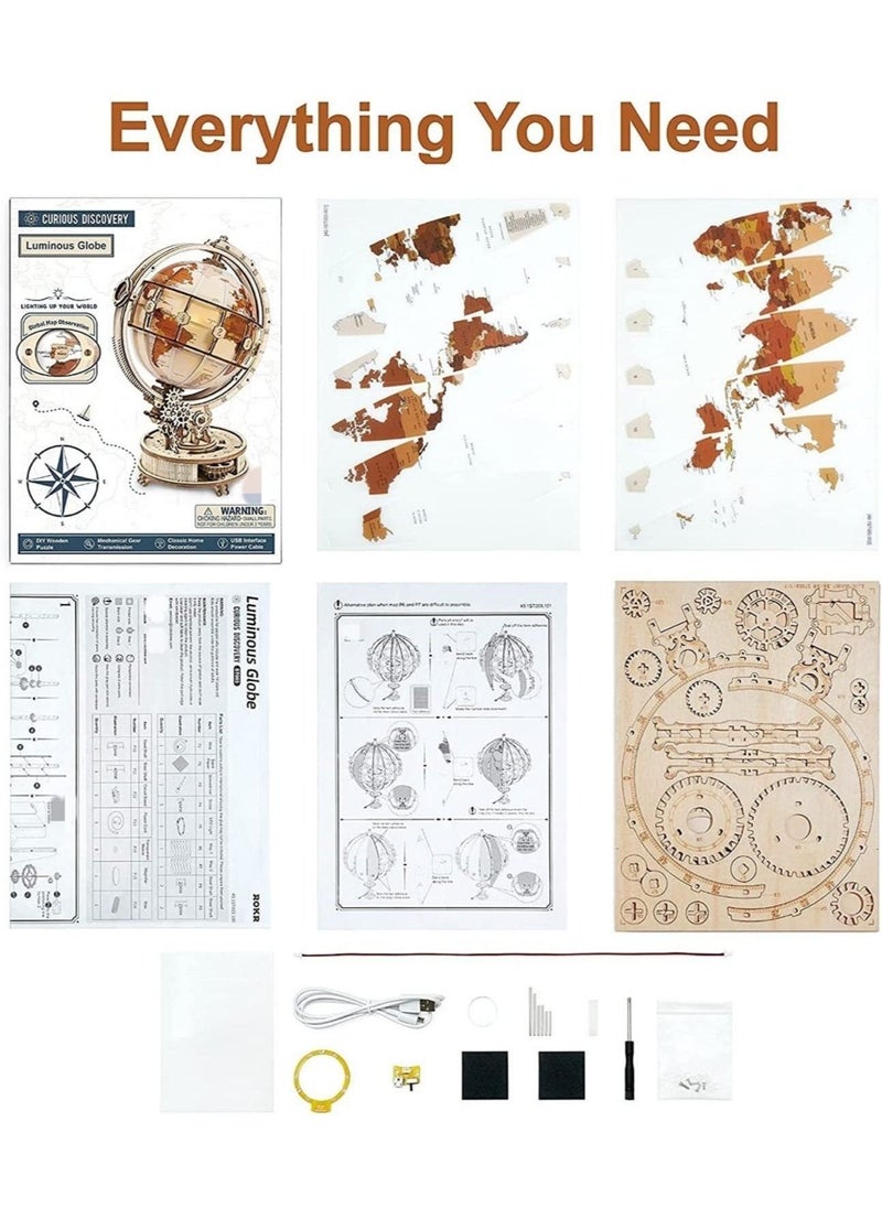 Generic - 3D Wooden Globe Puzzle for Adults - Illuminated Wood Block Puzzle with LED - Model Building Kit - Gift for Birthday or Father's Day - Image 1