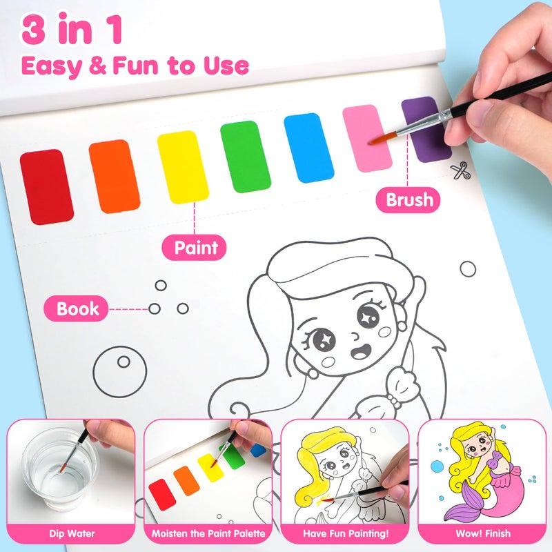 ZIZZ Paint with Water Coloring Books for Toddlers, 3PCS Watercolor Painting Set for Kids Ages 3-8, No-Mess Drawing Art Craft Toy Birthday Valentine's Day Gifts for Girls Boys - Princess, Forest, Sea - Image 4
