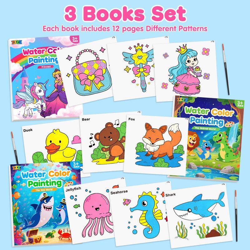 ZIZZ Paint with Water Coloring Books for Toddlers, 3PCS Watercolor Painting Set for Kids Ages 3-8, No-Mess Drawing Art Craft Toy Birthday Valentine's Day Gifts for Girls Boys - Princess, Forest, Sea - Image 2