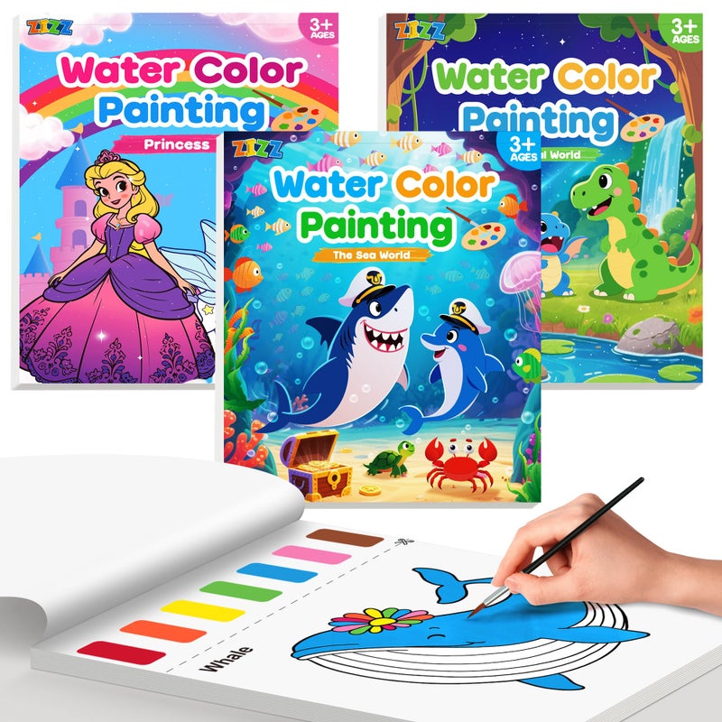 ZIZZ Paint with Water Coloring Books for Toddlers, 3PCS Watercolor Painting Set for Kids Ages 3-8, No-Mess Drawing Art Craft Toy Birthday Valentine's Day Gifts for Girls Boys - Princess, Forest, Sea - Image 1