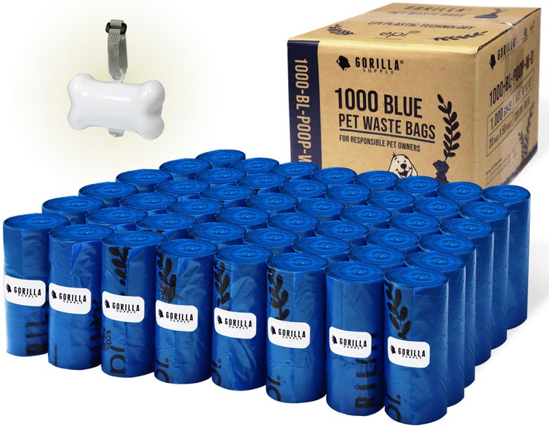 GORILLA SUPPLY 1000 Dog Poop Waste Bags with Dispenser and Leash Tie, 9" x 13", Blue, 1000 Count - Image 1