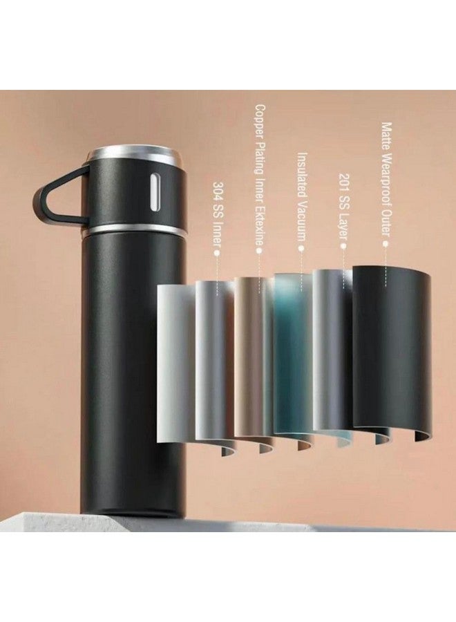 Kitchen Bloom Stainless Steel Vacuum Insulated Bottle Water Flask Gift Set With Two Cups Hot & Cold | Diwali Gifts For Employees | Corporate Gift Items | Vacuum Flast Set With 2 Mugs (Black), 500 Ml - Image 3