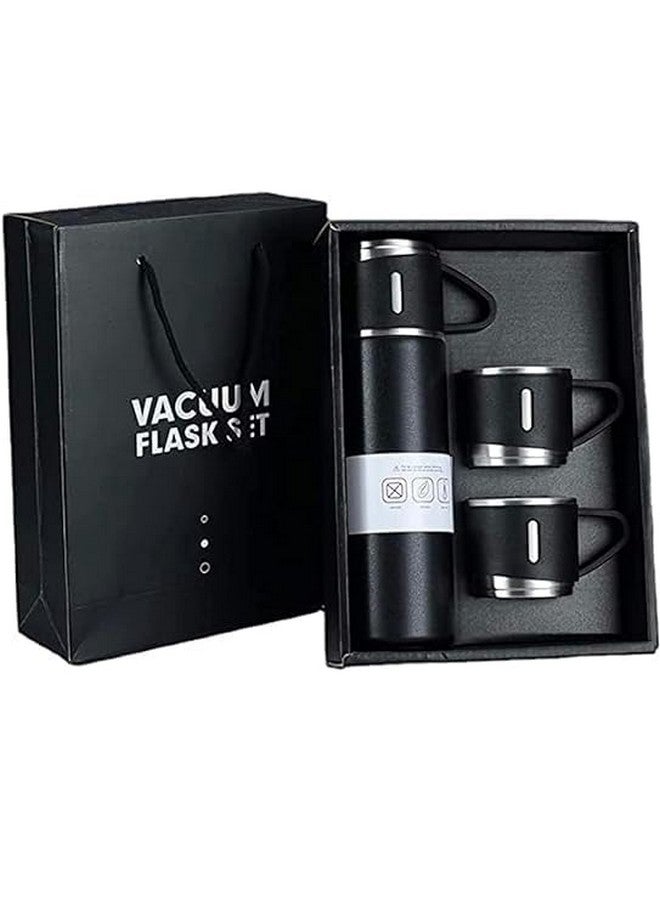 Kitchen Bloom Stainless Steel Vacuum Insulated Bottle Water Flask Gift Set With Two Cups Hot & Cold | Diwali Gifts For Employees | Corporate Gift Items | Vacuum Flast Set With 2 Mugs (Black), 500 Ml - Image 1