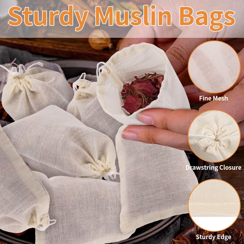 Hoiny 60 Pcs Empty Spice Bags for Cooking Soup, 3x4 In Natural Muslin Drawstring Bag, Reusable Tea Bags for Loose Tea, Small Cheese Cloth Cotton Bag for Straining, Unbleached Cheesecloth Herb Sachet Bag - Image 5