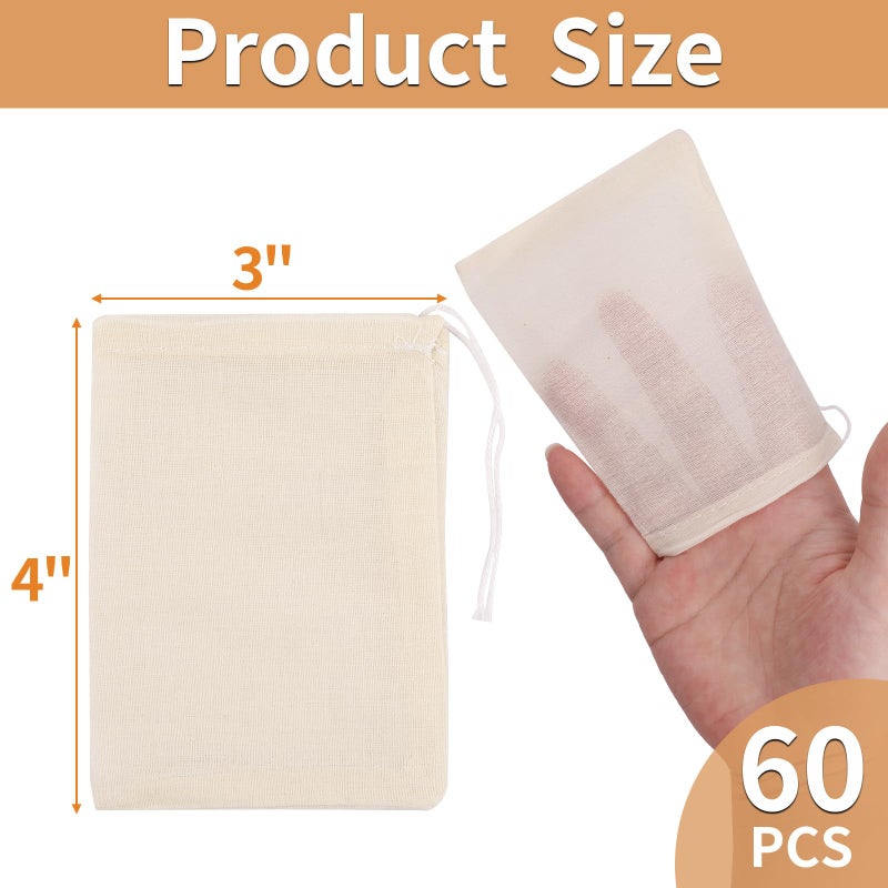 Hoiny 60 Pcs Empty Spice Bags for Cooking Soup, 3x4 In Natural Muslin Drawstring Bag, Reusable Tea Bags for Loose Tea, Small Cheese Cloth Cotton Bag for Straining, Unbleached Cheesecloth Herb Sachet Bag - Image 2