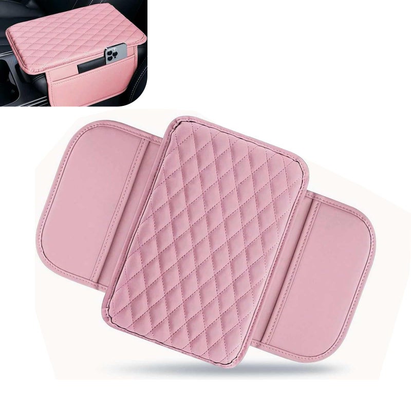 Hugwits Car Center Console Cover Waterproof Leather Car Armrest Cover Cushion with Side Storage Pockets Upgraded Vehicle Armrest Storage Box Universal for SUV Sedan Truck Pink - Image 2