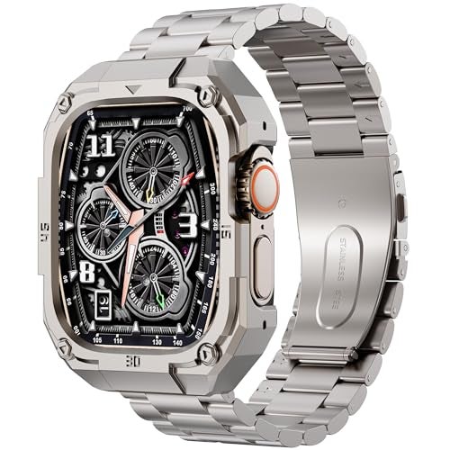 PanPinnacle Casual Stainless Steel Watch Case with Band Compatible with Apple Watch Series 11 10 46mm Band for Men,Metal Protective Bumper Cover iwatch Band with Strap,Titanium - Image 1