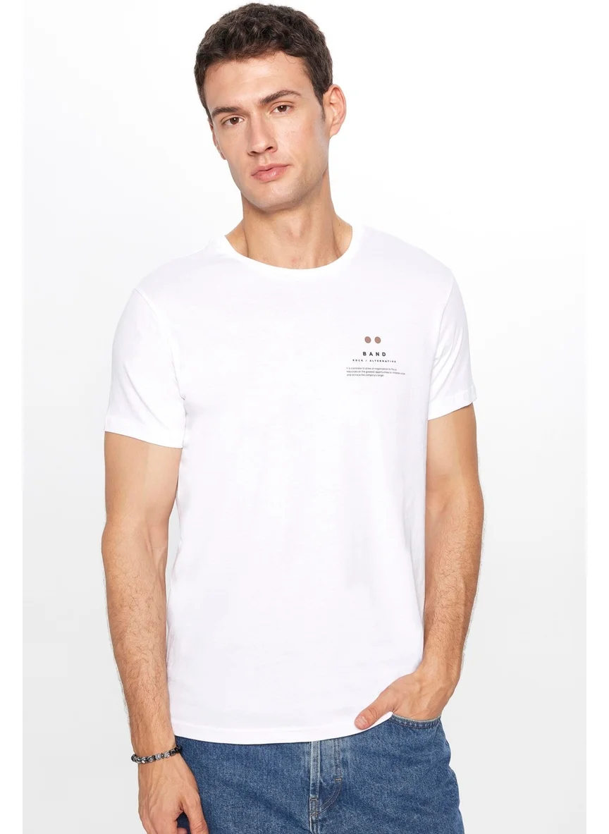 تودورس Men's Slim Fit Narrow Cut 100% Cotton Soft Textured Printed White Crew Neck T-Shirt