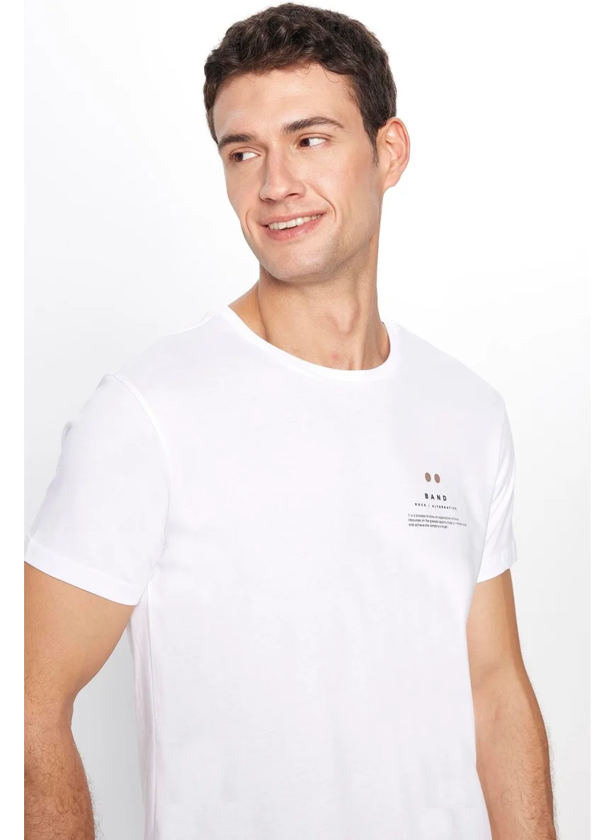 تودورس Men's Slim Fit Narrow Cut 100% Cotton Soft Textured Printed White Crew Neck T-Shirt