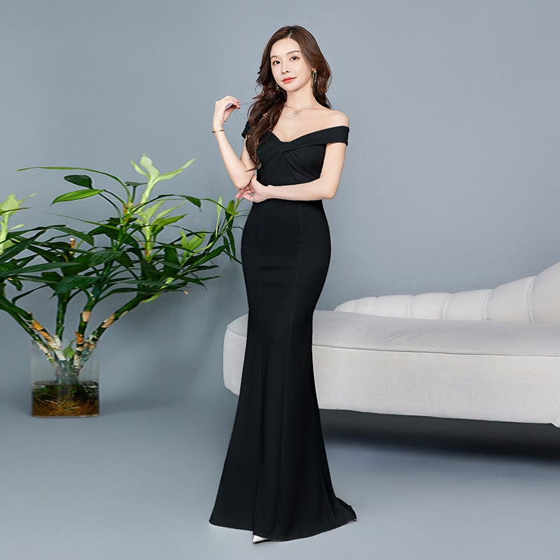 Off-Shoulder Evening Gown Low-Cut Temperament Socialite Party Niche High-End Fishtail Dress Tail Skirt Slim - Image 1