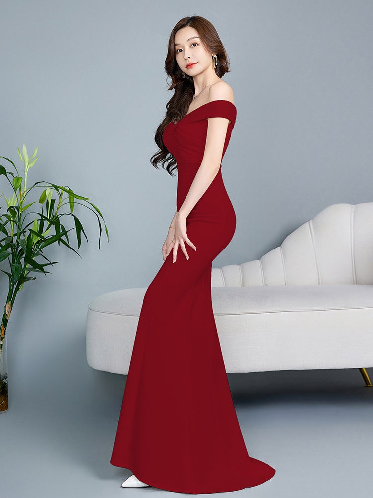 Off-Shoulder Evening Gown Low-Cut Temperament Socialite Party Niche High-End Fishtail Dress Tail Skirt Slim - Image 5