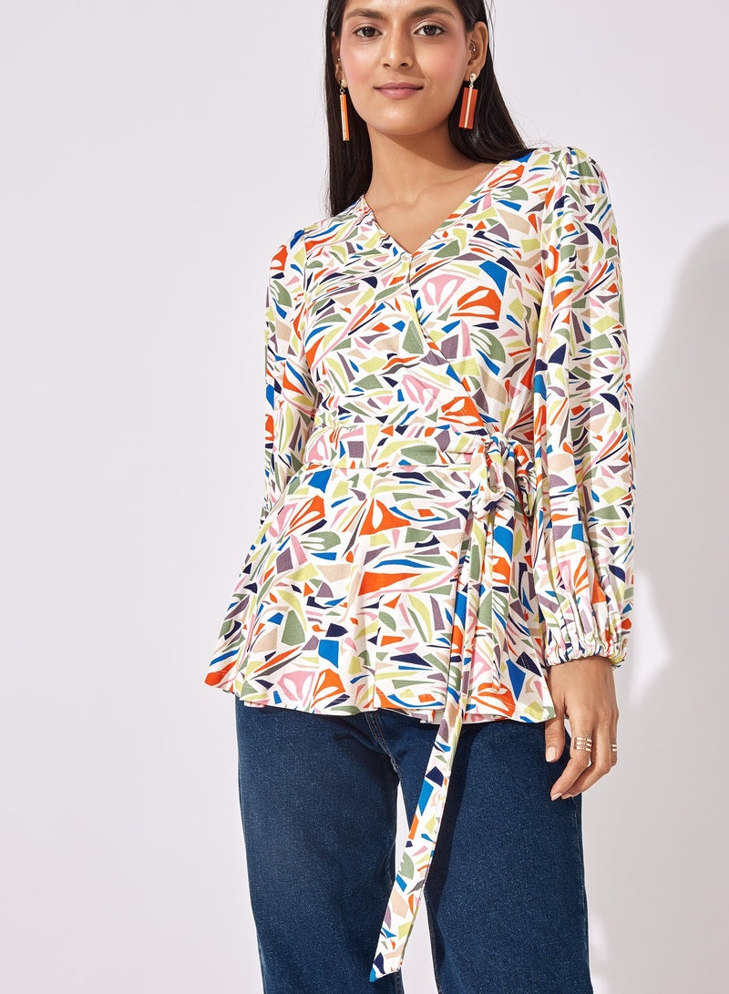 The Label Life Multicolor Printed Wrap Top with Waist Tie - Image 1