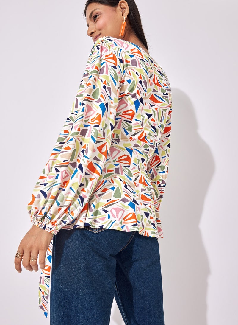 The Label Life Multicolor Printed Wrap Top with Waist Tie - Image 3