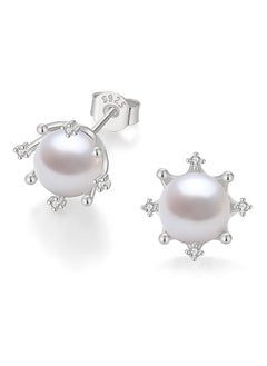 Yami Freshwater Pearl Stud Earrings For Women - 8Mm Cultured Pearls With 925 Sterling Silver & Cubic Zirconia Diamonds - Hypoallergenic Silver Earrings - Elegant Jewelry Gift For Her  - Image 1