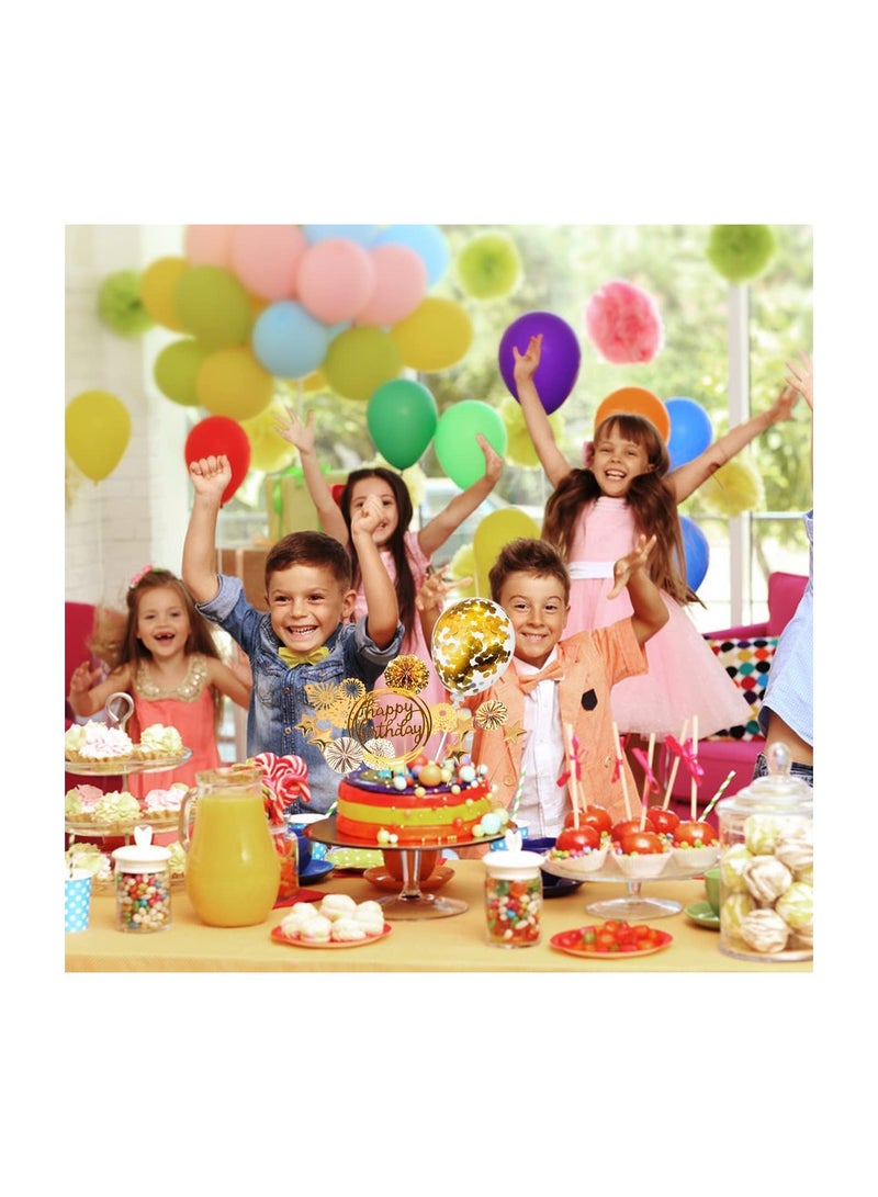 KASTWAVE Cake Decorations 13Pcs Cake Toppers Kit Cupcake Topper with Golden Paper Fans Happy Birthday Acrylic Banner Sequins Balloon Fireworks Stars for Gold Theme Birthday Party Anniversary Cake Decor - Image 5