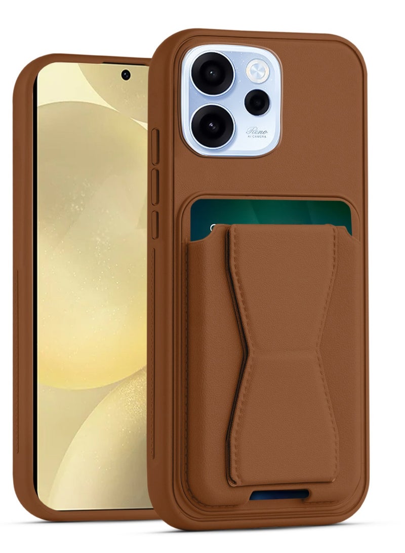 غطاء خلفي من الجلد مع محفظة بطاقات، جراب قابل للطي ومقاوم للصدمات متوافق مع هاتف Oppo Reno 15 Pro (بني)