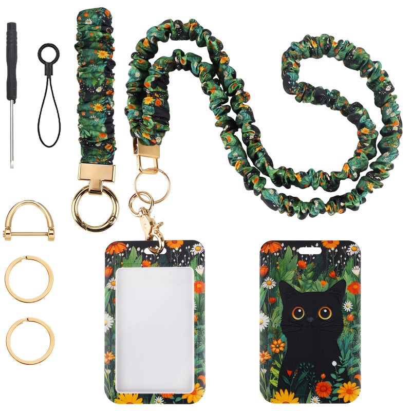 Nlicrst Scrunchie Lanyard Breakaway with ID Badge Holder - Cute Cat Style Stretchy Lanyards with ID Badges Wristlet Keychain Key Rings Set for Women Teachers Nurse Gifts, Work, School, Conference - Image 1