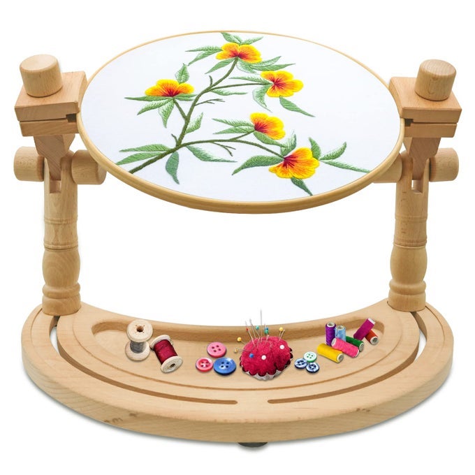 ADJUSTABLE EMBROIDERY HOOP STAND ROTATABLE WOODEN CROSS STITCH NEEDLEPOINT PUNCH NEEDLE HOLDER FOR DIY SEWING