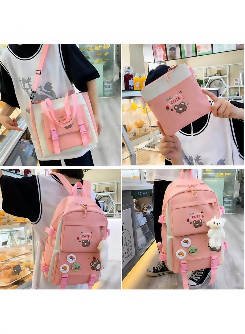 School Bag 5 Pieces Set for Kids Elementary School Bags,Large Capacity Backpack Travelling Bag,Casual Daypack Backpack Lunch Bag Pencil Case Handbag Coin Purse With Random Plush Pendant And Badge Decoration  - Image 5