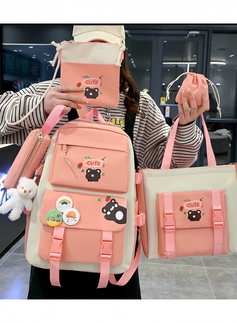 School Bag 5 Pieces Set for Kids Elementary School Bags,Large Capacity Backpack Travelling Bag,Casual Daypack Backpack Lunch Bag Pencil Case Handbag Coin Purse With Random Plush Pendant And Badge Decoration  - Image 3