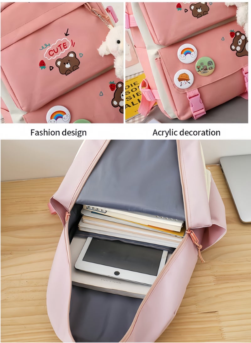School Bag 5 Pieces Set for Kids Elementary School Bags,Large Capacity Backpack Travelling Bag,Casual Daypack Backpack Lunch Bag Pencil Case Handbag Coin Purse With Random Plush Pendant And Badge Decoration  - Image 4