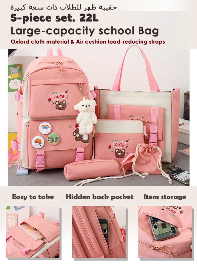 School Bag 5 Pieces Set for Kids Elementary School Bags,Large Capacity Backpack Travelling Bag,Casual Daypack Backpack Lunch Bag Pencil Case Handbag Coin Purse With Random Plush Pendant And Badge Decoration  - Image 1
