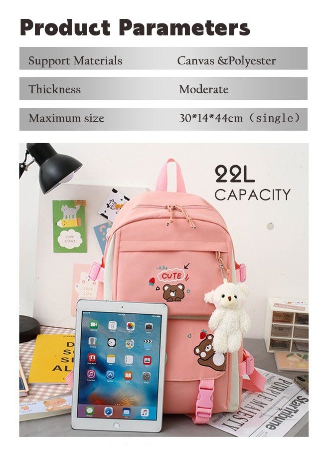 School Bag 5 Pieces Set for Kids Elementary School Bags,Large Capacity Backpack Travelling Bag,Casual Daypack Backpack Lunch Bag Pencil Case Handbag Coin Purse With Random Plush Pendant And Badge Decoration  - Image 2