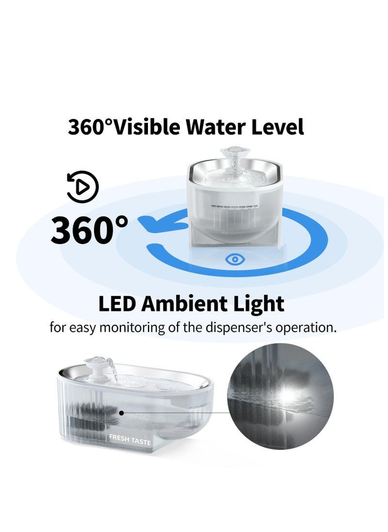 Arabest - Cat Water Fountain - 304 Stainless Steel Tray, Ultra-Quiet 5V Pump, Emergency Water Storage, 360 Degree Transparent Water Tank with Water Level Indicator, 84oz/2.5L, Oval Design, LED Light - Image 1