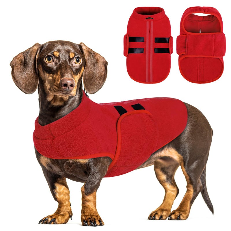 Queenmore Soft Fleece Dog Jacket, Warm Winter Dog Clothes with Leash Hole, Dachshund Sweater for Small Dogs Cats Boy or Girl (Red, S) - Image 1