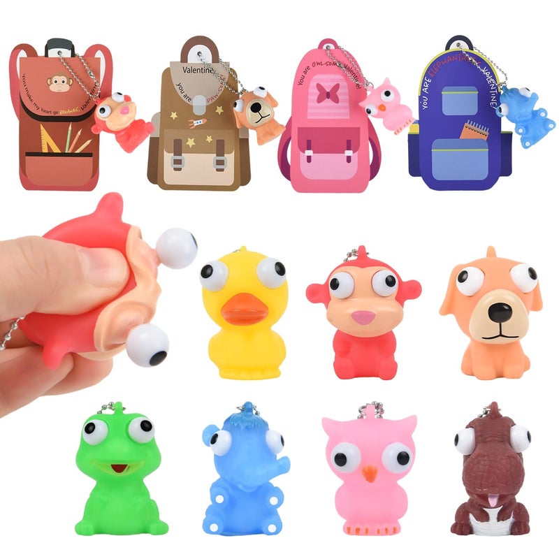 NUJOVI 28 Piece Valentines Day Gifts for Kids with Squeezable Pop-Eye Animal Keychain Ideal for Valentines Day Cards for Kids School, Kids Valentines Day Cards, Valentines Day Gifts for Kids Classroom - Image 1