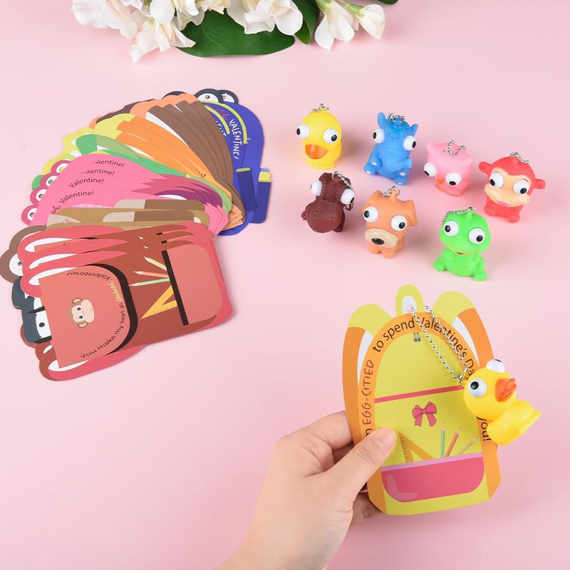 NUJOVI 28 Piece Valentines Day Gifts for Kids with Squeezable Pop-Eye Animal Keychain Ideal for Valentines Day Cards for Kids School, Kids Valentines Day Cards, Valentines Day Gifts for Kids Classroom - Image 4