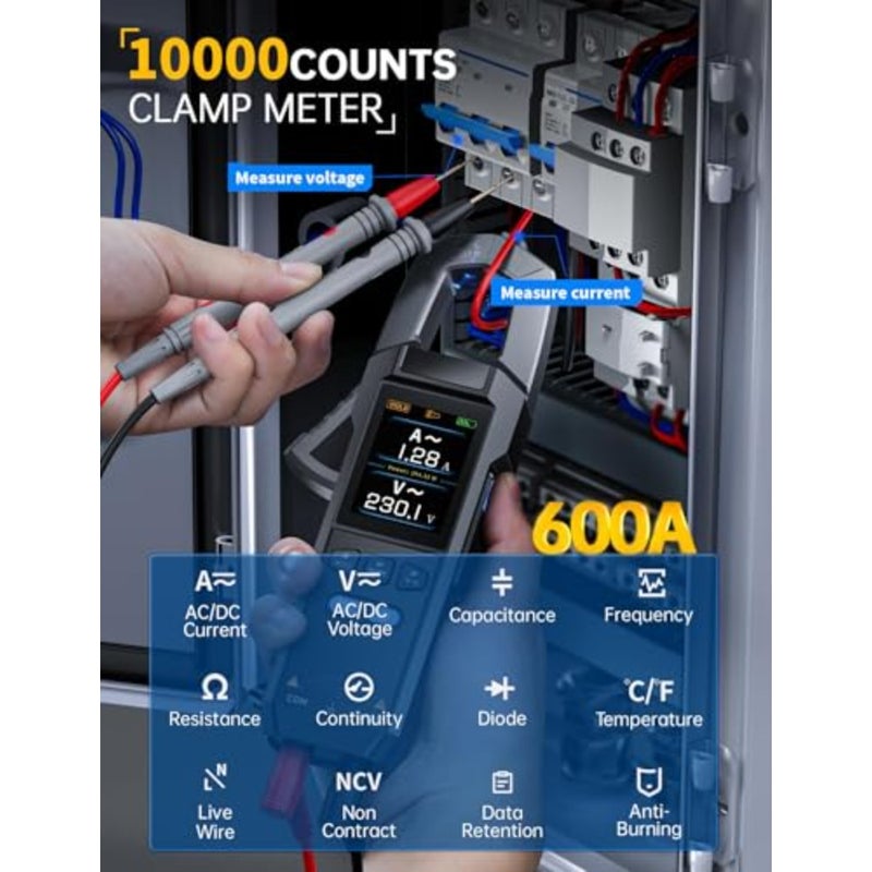 جهاز قياس متعدد رقمي DMC-100، 9999 عدد TRMS، مقياس أمبير قابل لإعادة الشحن لتسجيل منحنى 600 أمبير مع تيار جهد تيار متردد/تيار مستمر، الاستمرارية، السعة، اختبار مقاومة الصمام الثنائي، درجة الحرارة - Image 2