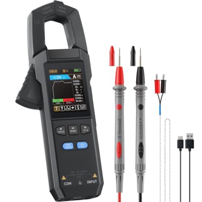 جهاز قياس متعدد رقمي DMC-100، 9999 عدد TRMS، مقياس أمبير قابل لإعادة الشحن لتسجيل منحنى 600 أمبير مع تيار جهد تيار متردد/تيار مستمر، الاستمرارية، السعة، اختبار مقاومة الصمام الثنائي، درجة الحرارة - Image 1