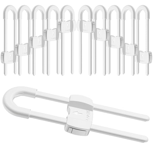 TERDEWE (10 pack white) 4 button Cabinet Locks, U-Shaped Proofing Drawers Safety Child Locks Adjustable, for Wardrobe,Kitchen,Bathroom,Drawer,Fridge,Cupboard Doors Knobs & Handles - Image 1