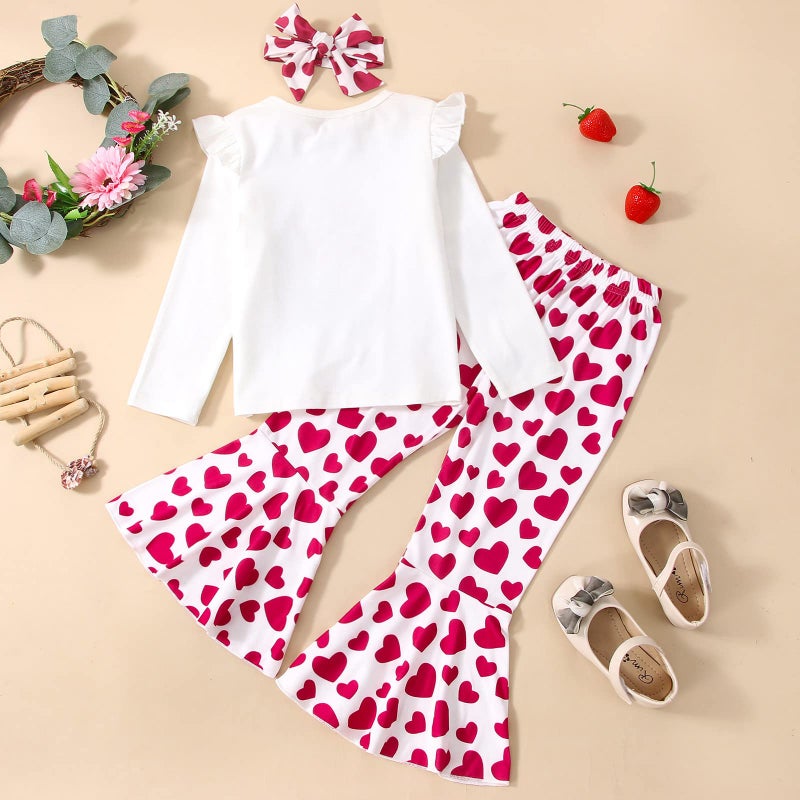 Rtnnsbbfcm Toddler Baby Girl Valentine's Day Outfit Long Sleeve Elephant Heart T-Shirt Top Bell Bottom Pants Headband 3Pcs Set (2-3T,White) - Image 3