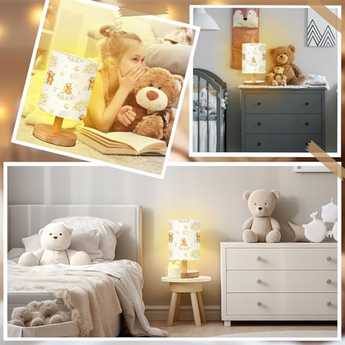 VIHOSE Bear Kids Table Lamp for Bedroom Kids Bedside Lamp with Linen Wooden Nightstand Cartoon Nursery Lampshade for Girls Boys Living Room - Image 2