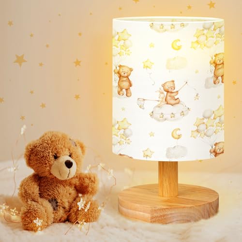 VIHOSE Bear Kids Table Lamp for Bedroom Kids Bedside Lamp with Linen Wooden Nightstand Cartoon Nursery Lampshade for Girls Boys Living Room - Image 1