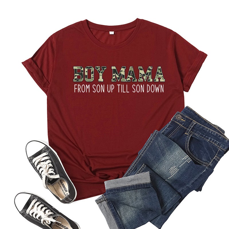 Boys mother Boy Mama printed short sleeve T-shirt European and American mens and womens jacket summer loose wholesale foreign trade cross-border Wine red