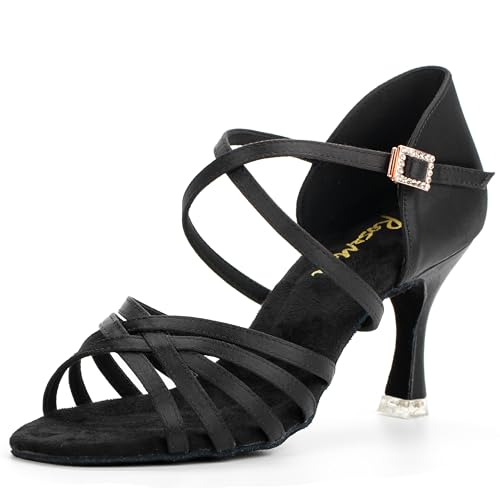 RoseMoli 3" Ballroom Dance Shoes Women Salsa Latin Dance Shoes for Woman Satin Professional Practice Performance for Dancing Heels Black 5.5 - Image 1
