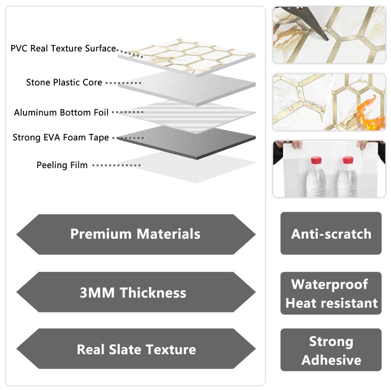 Vamos Tile Long Hexagon Peel and Stick Tile Backsplash - 10 Sheets Stick on Backsplash for Kitchen and Bathroom Calacatta Gold Mixed Metal Light Gold PVC Self Adhesive Mosaic Wall Tiles(Seamless) - Image 3
