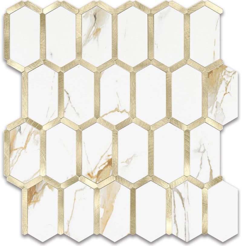 Vamos Tile Long Hexagon Peel and Stick Tile Backsplash - 10 Sheets Stick on Backsplash for Kitchen and Bathroom Calacatta Gold Mixed Metal Light Gold PVC Self Adhesive Mosaic Wall Tiles(Seamless) - Image 1