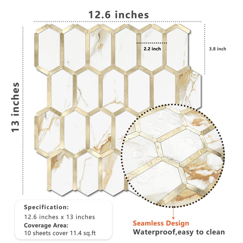 Vamos Tile Long Hexagon Peel and Stick Tile Backsplash - 10 Sheets Stick on Backsplash for Kitchen and Bathroom Calacatta Gold Mixed Metal Light Gold PVC Self Adhesive Mosaic Wall Tiles(Seamless) - Image 5