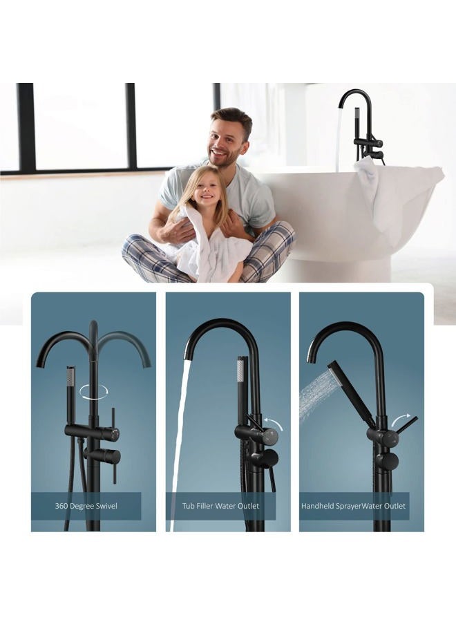 Aolemi Floor Mount Bathtub Faucet Freestanding Tub Filler Standing High Flow Shower Faucets Shower Mixer Taps, Swivel Gooseneck Spout with Cylinder Handheld Matte Black - Image 3