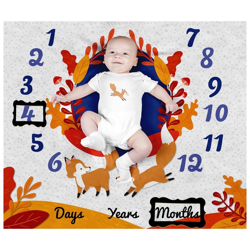 PAMBO Fox Baby Month Milestone Blanket for Baby Boy & Girl - Baby Age Blanket for Photo Taken| Fox Themed BabyShower Gifts - Image 1