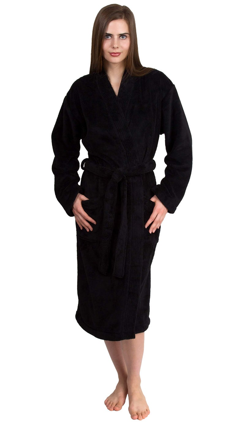 TowelSelections Womens Robe Soft Plush Bathrobe Fleece Kimono Spa Bath Robe for Women Small-Medium Black - Image 1