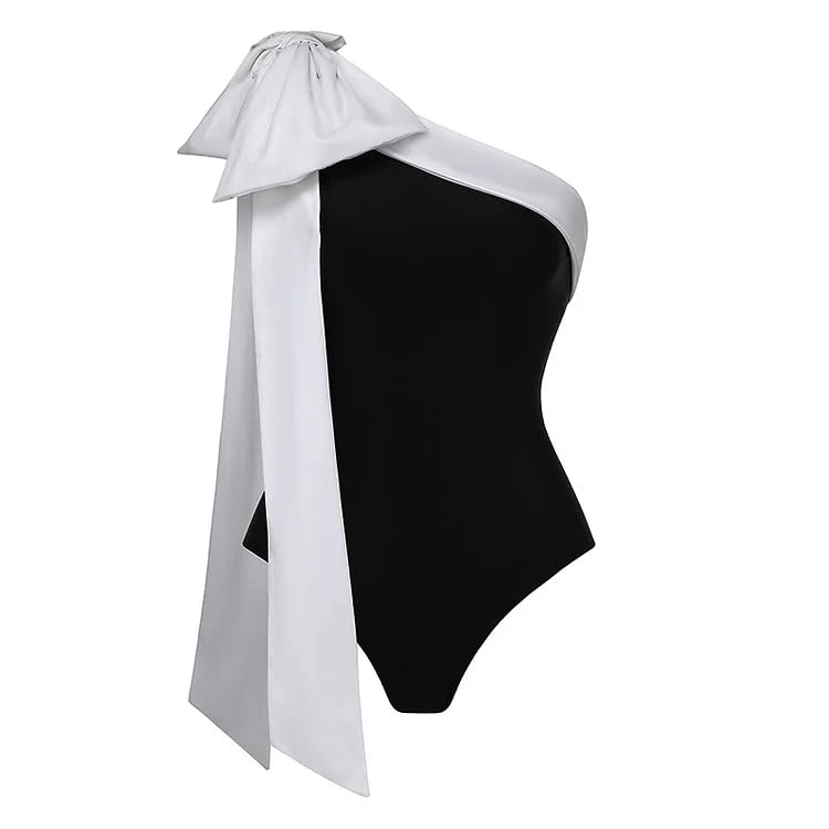 FLAXMAKER One Shoulder Black and White Big Bow Tie Color Block One Piece Vacation Beach Swimsuit and Skirt (US, Alpha, Small, Regular, Regular, Swimsuit and Skirt) - Image 5