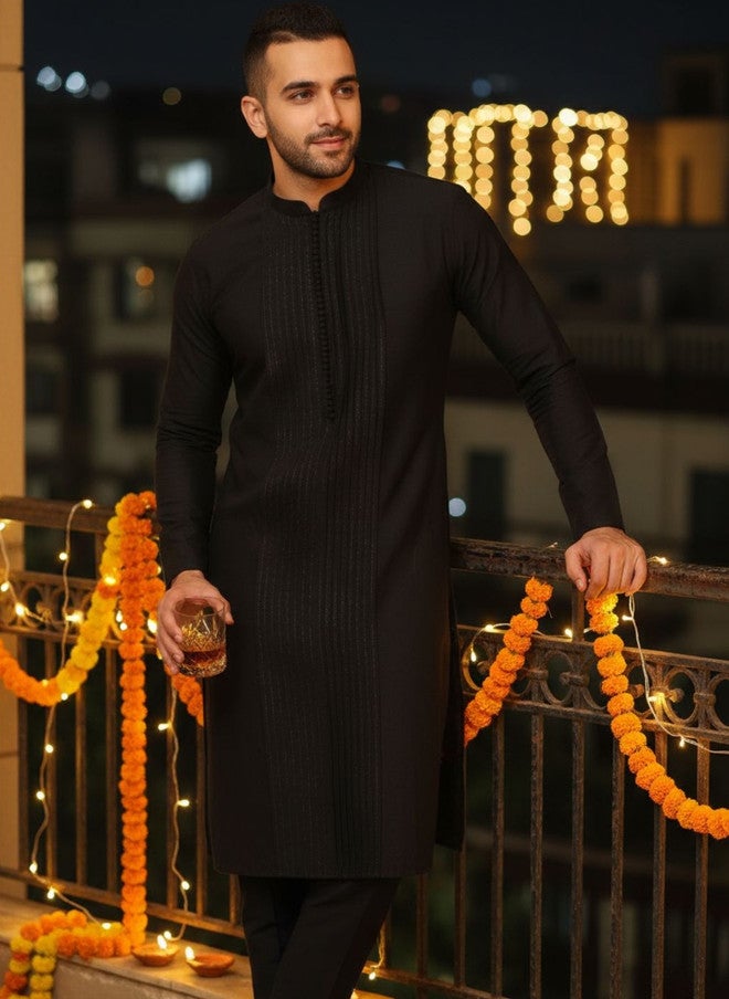 KISAH Men Pleated Kurta with Trousers - Image 1