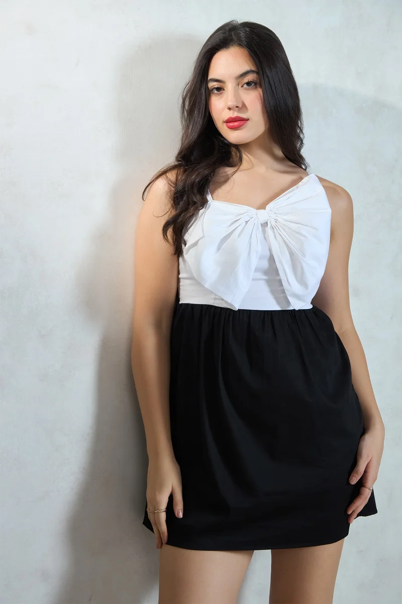 فيرجيو Solid Cotton Stretch Big Bow Mini Dress for Women