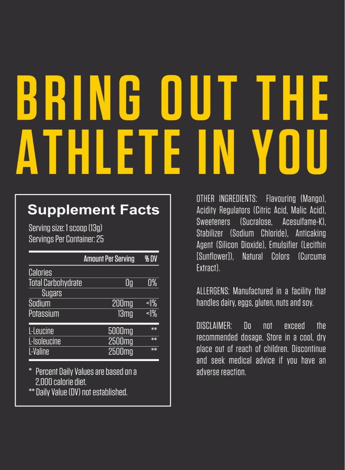 Fuel Up By Kcal Bcaa Mango Flavour - 13G Per Serving (10G Bcaa) - 25 Servings Total - 2:1:1 Ratio For Muscle Recovery - Pre, Intra, And Post-Workout Supplement